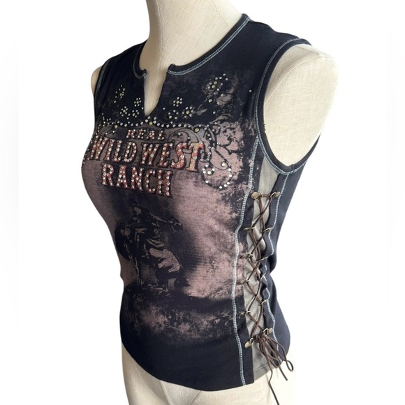 Y2K Made in USA Skinny Minnie Lace up Rhinestone Cowboy Graphic Tee size Medium - Picture 1 of 14